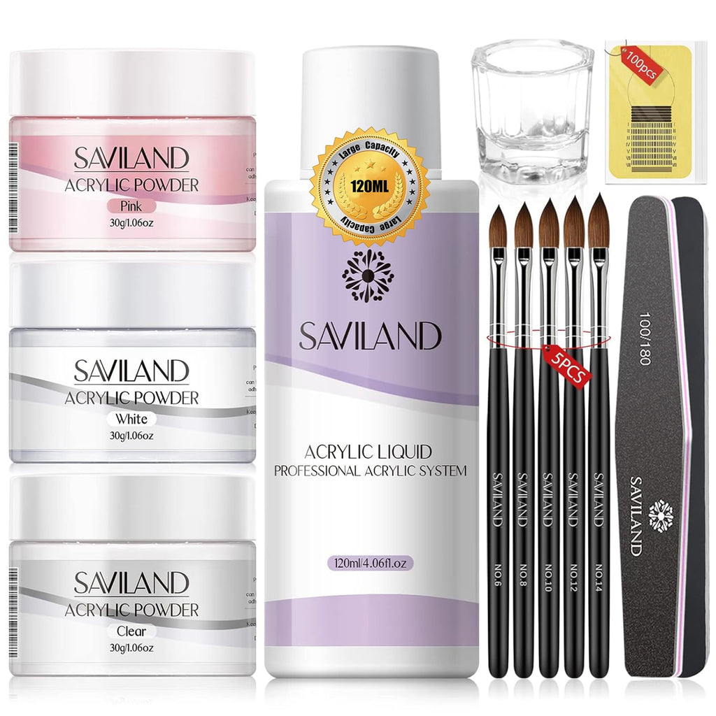 Saviland Acrylic Nail Kit - Big Capacity 30g Clear Pink White Acrylic Powder and Liquid Set 120ml for Acrylic Nails Extension Beginner Nail Kit for Nail Art Designs Home DIY