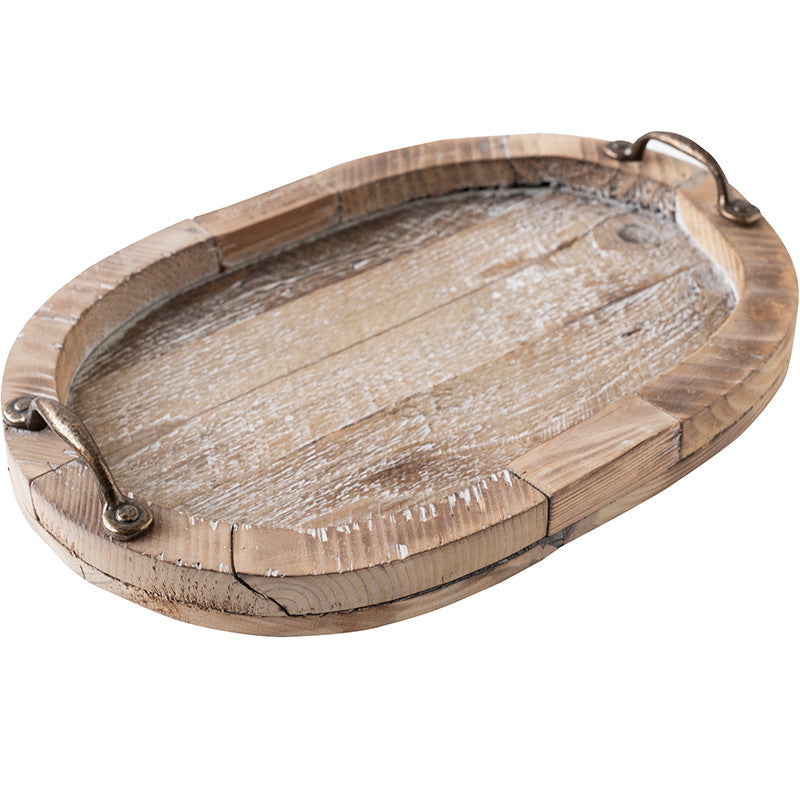 Vintage Solid Wood Oval Breakfast Plate with Metal Handle